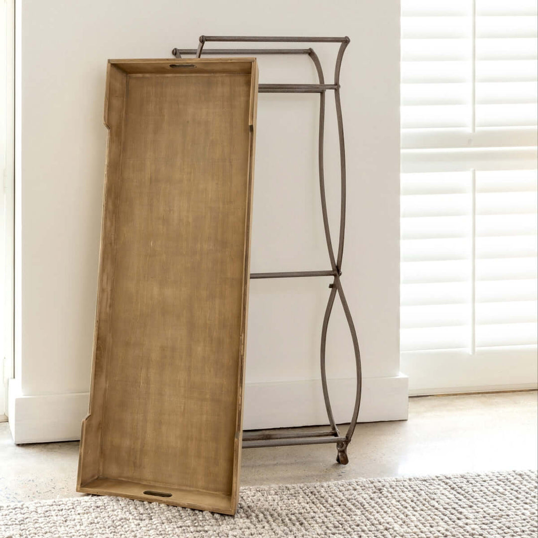 Vintage Wooden Tray Console Table with metal frame in sunlit room, ideal for conservatories and classic farmhouse decor.