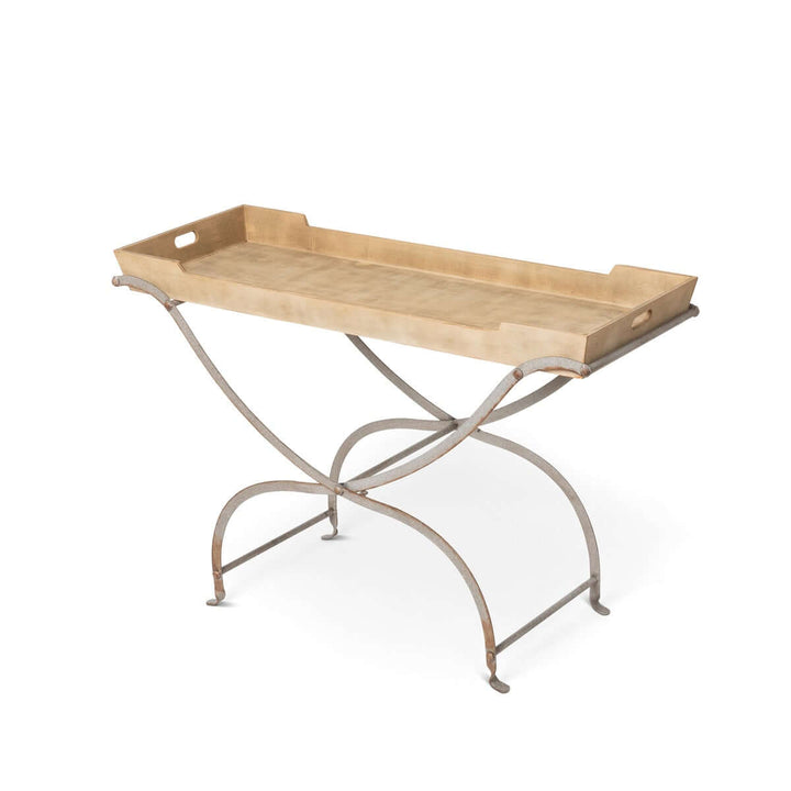 Vintage Wooden Tray Console Table with elegant metal legs, rustic charm, perfect for farmhouse entryways or coastal cottages.