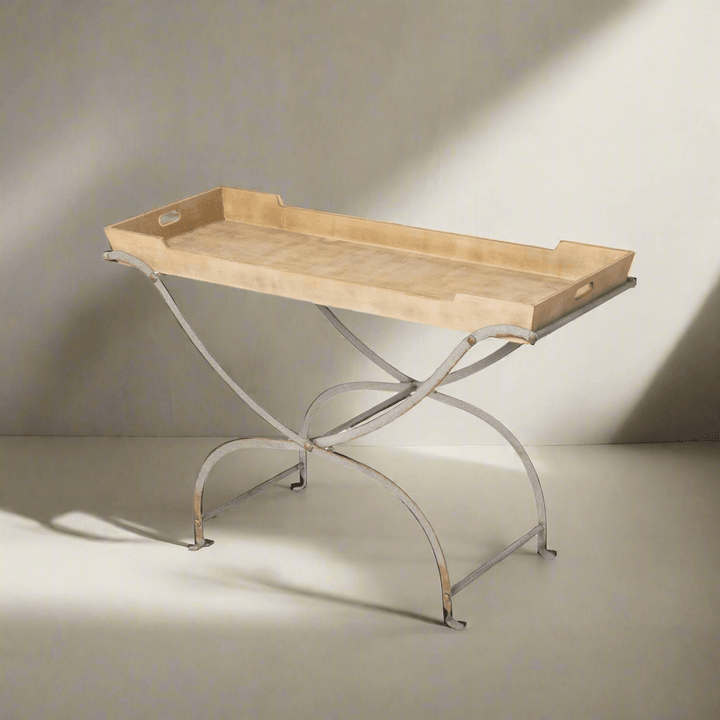 Vintage Wooden Tray Console Table with elegant metal legs and smooth wooden top, perfect for farmhouse and coastal decor settings.