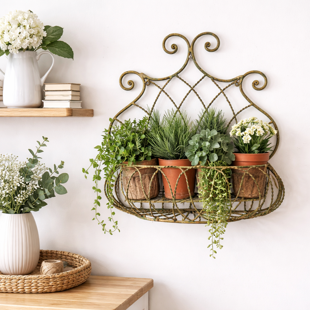 Vintage Wrought Iron Wall Basket Planter with Scrollwork Design hung on a rustic wall with plants adding timeless garden styling.