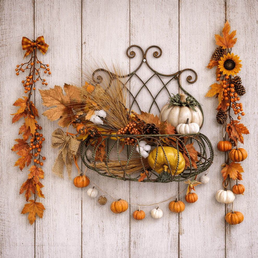 Vintage Wrought Iron Wall Basket Planter with Scrollwork Design displayed with autumnal decor on rustic wooden wall.