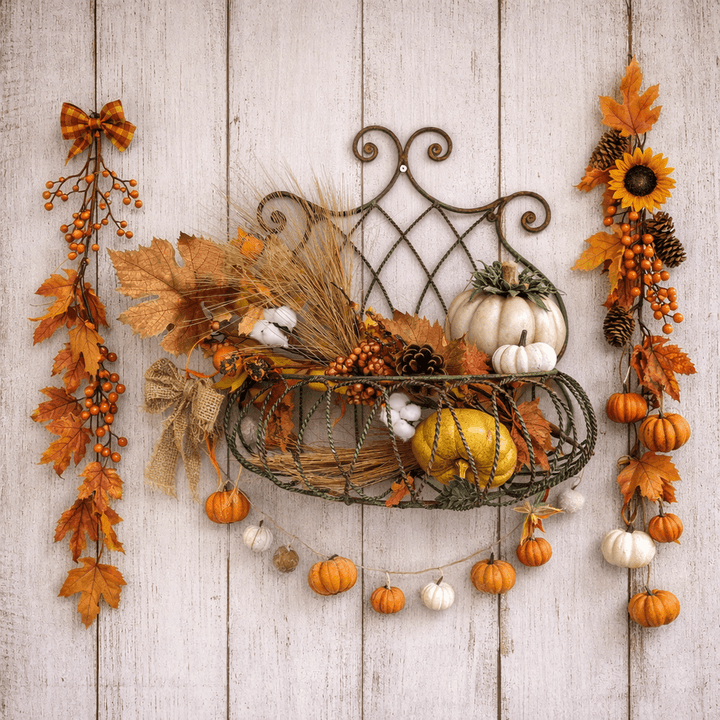 Vintage Wrought Iron Wall Basket Planter with Scrollwork Design displayed with autumnal decor on rustic wooden wall.