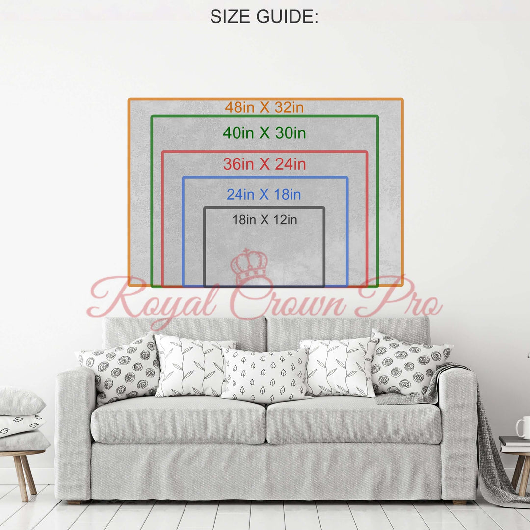 Wall art size guide with couch for reference, showing dimensions 18x12 to 48x32. Royal Crown Pro branding visible.
