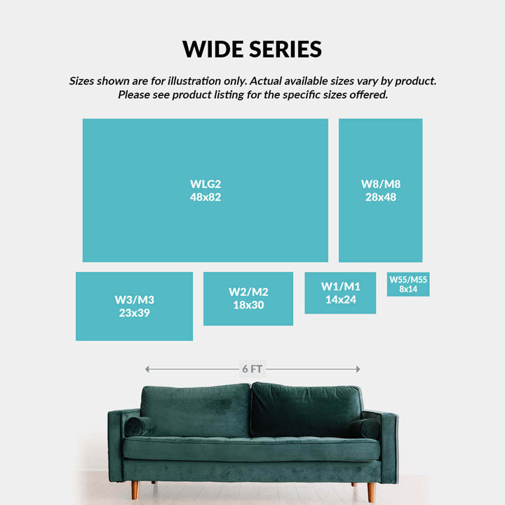 Teal sofa with size chart showing dimensions of various product sizes on a white background