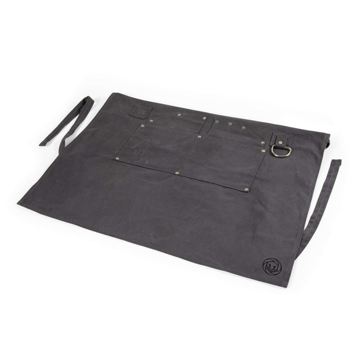 Waxed Canvas Bartender Apron and Tools in dark gray, featuring multiple pockets and durable material for professional mixologists.