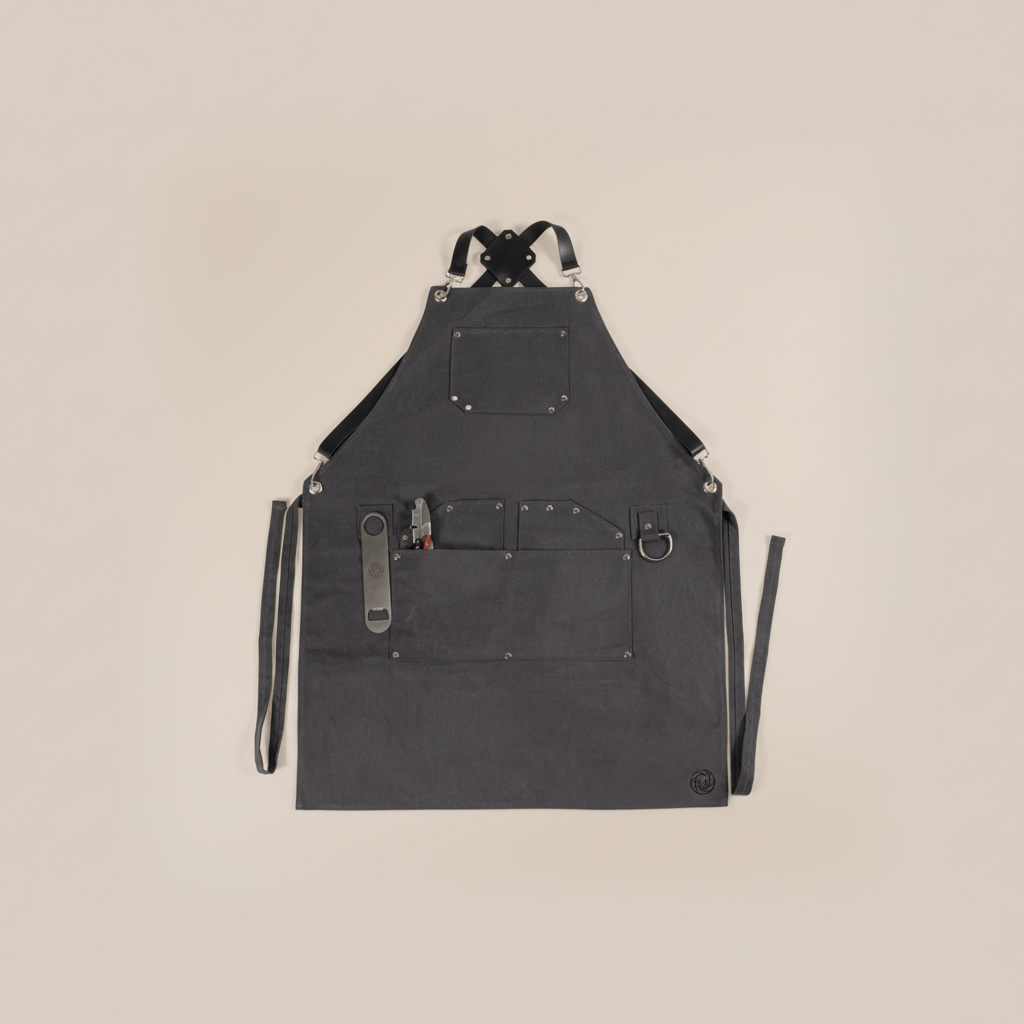 Waxed Canvas Bartender Apron and Tools displaying professional-grade mixology design on neutral background