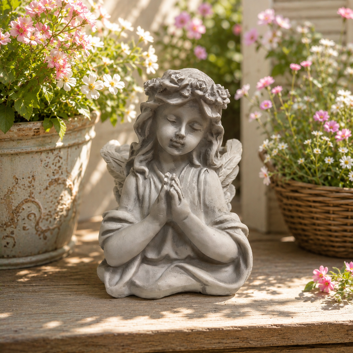 Weathered Angel Girl Garden Planter among sunlit flowers