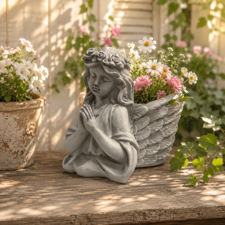 Weathered Angel Girl Garden Planter in a romantic garden setting