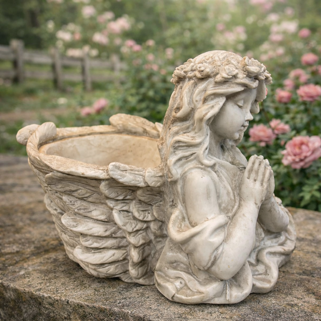 Weathered Angel Girl Garden Planter styled with pale blossoms
