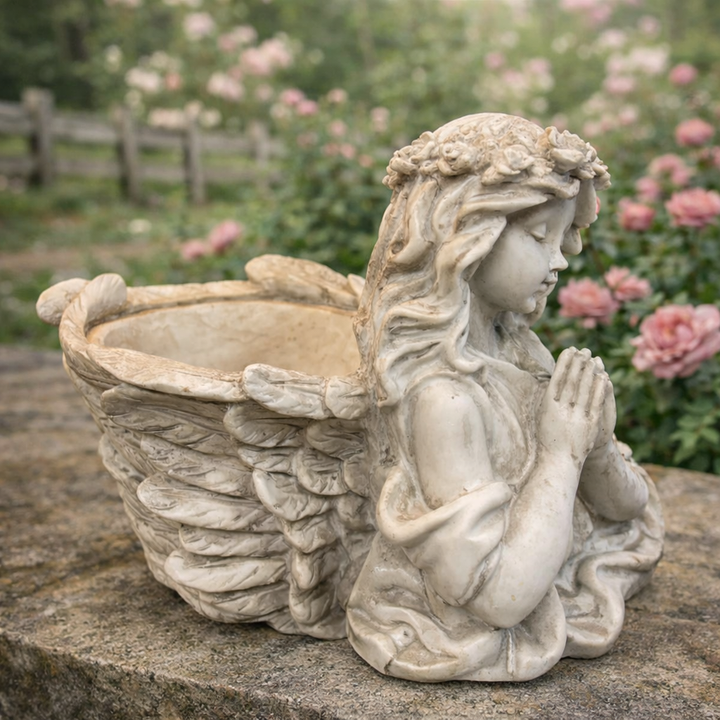 Weathered Angel Girl Garden Planter styled with pale blossoms