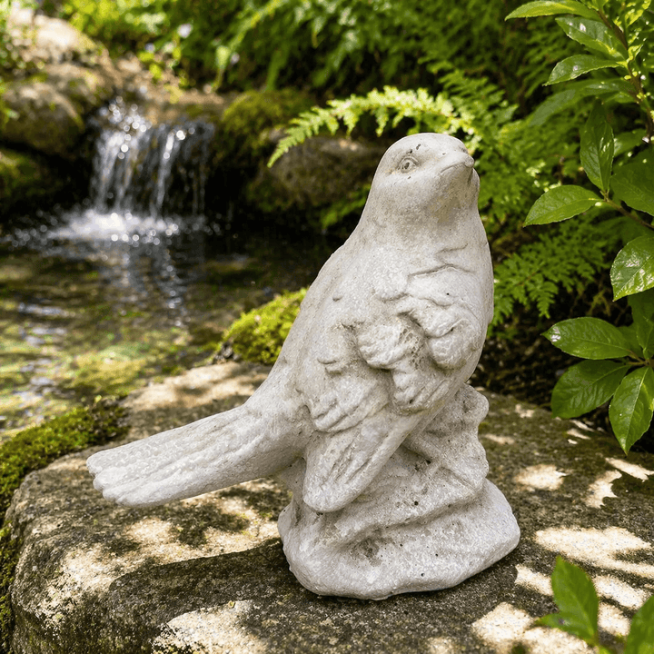 Tall Weathered Cement Bird Garden Statue on a sculpted base