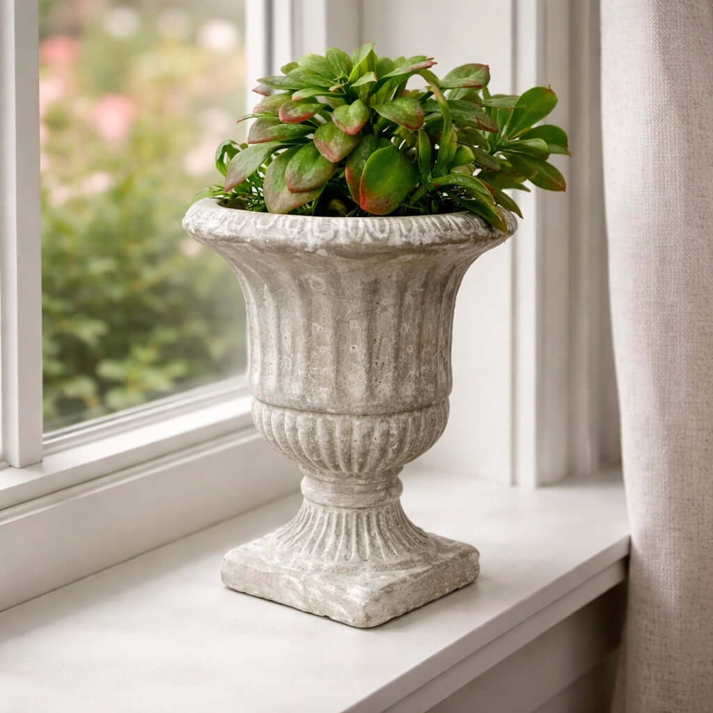 Weathered Cement Pedestal Urn Planters in two sizes with white flowers