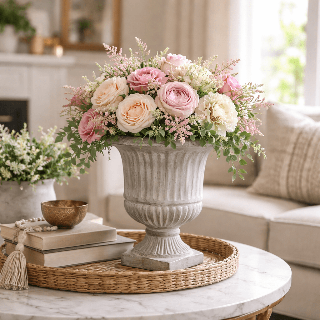 Weathered Cement Pedestal Urn Planter filled with pink flowers on a table