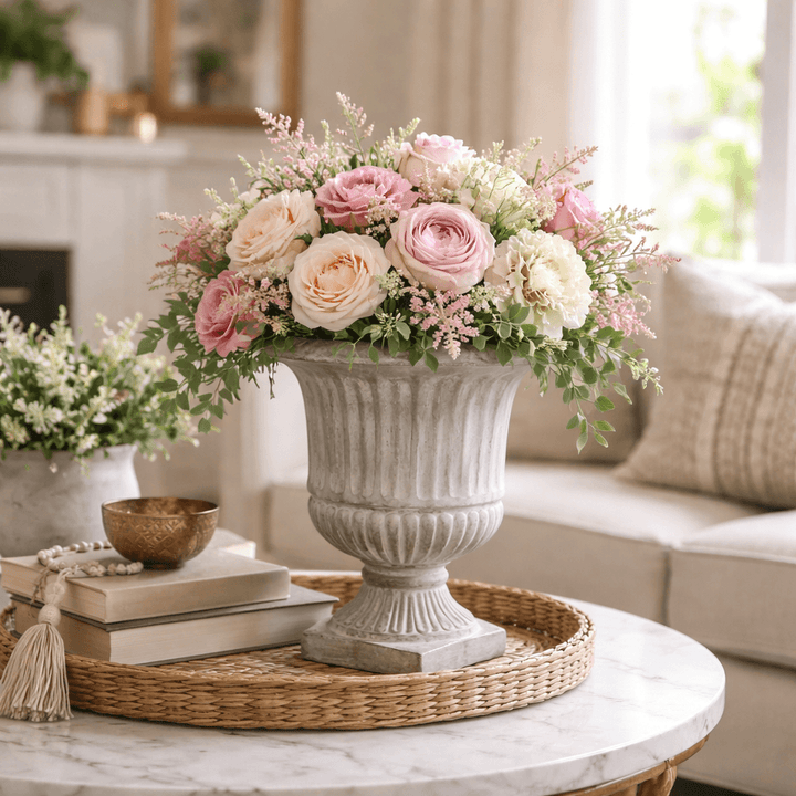Weathered Cement Pedestal Urn Planter filled with pink flowers on a table