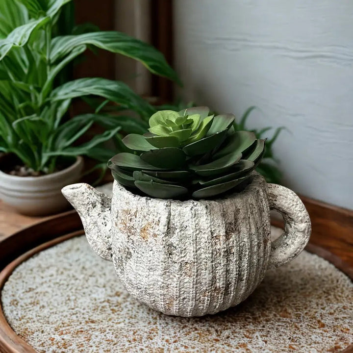 Weathered cement teapot planter shown empty