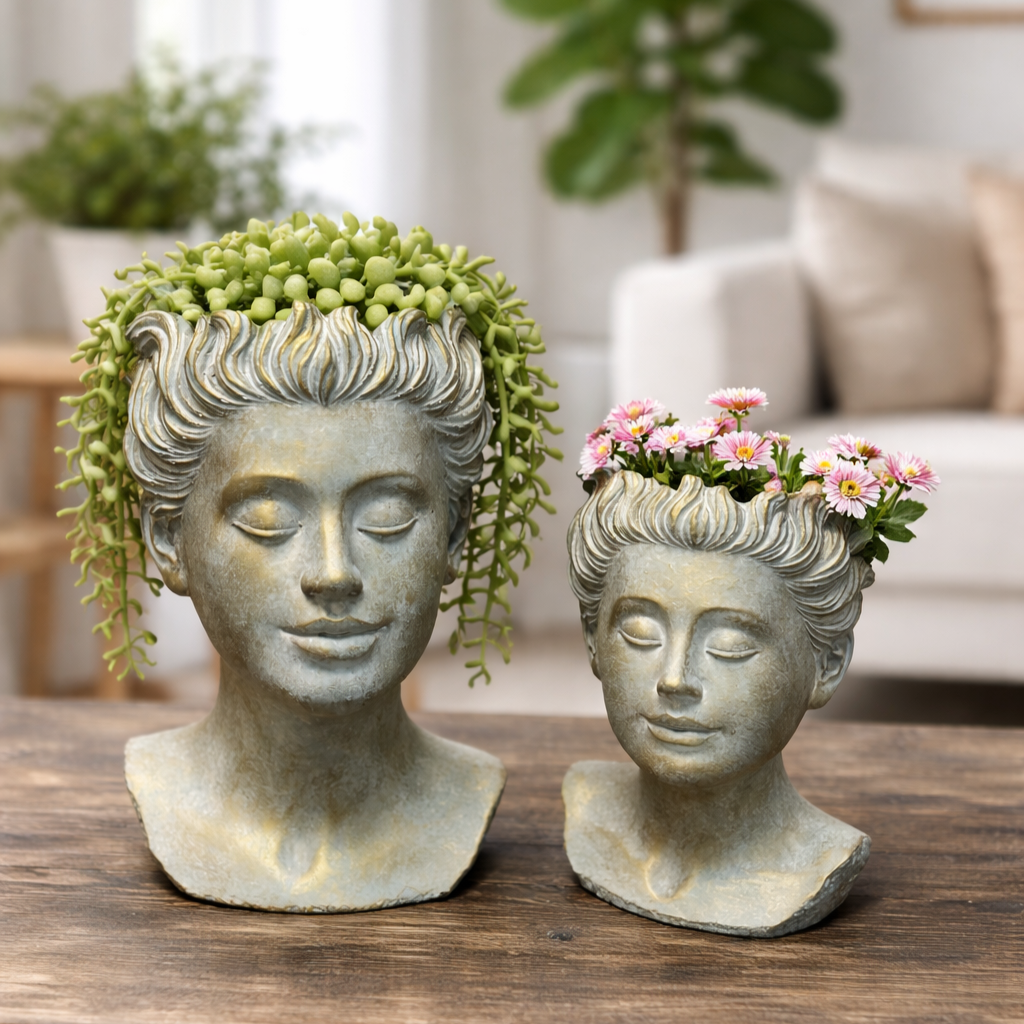 Weathered Roman Bust Planter in large and small sizes filled with greenery and flowers