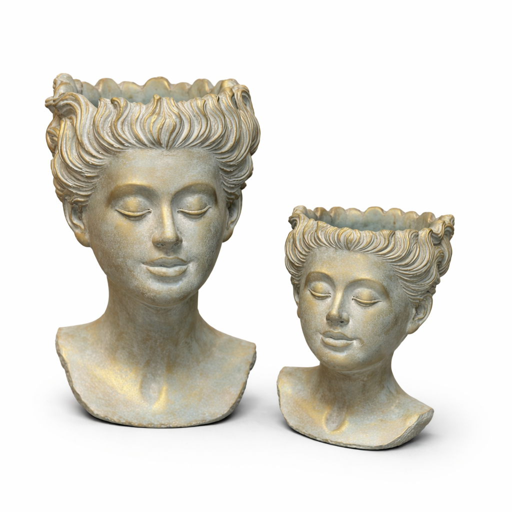 Large and small Weathered Roman Bust Planter on a white background