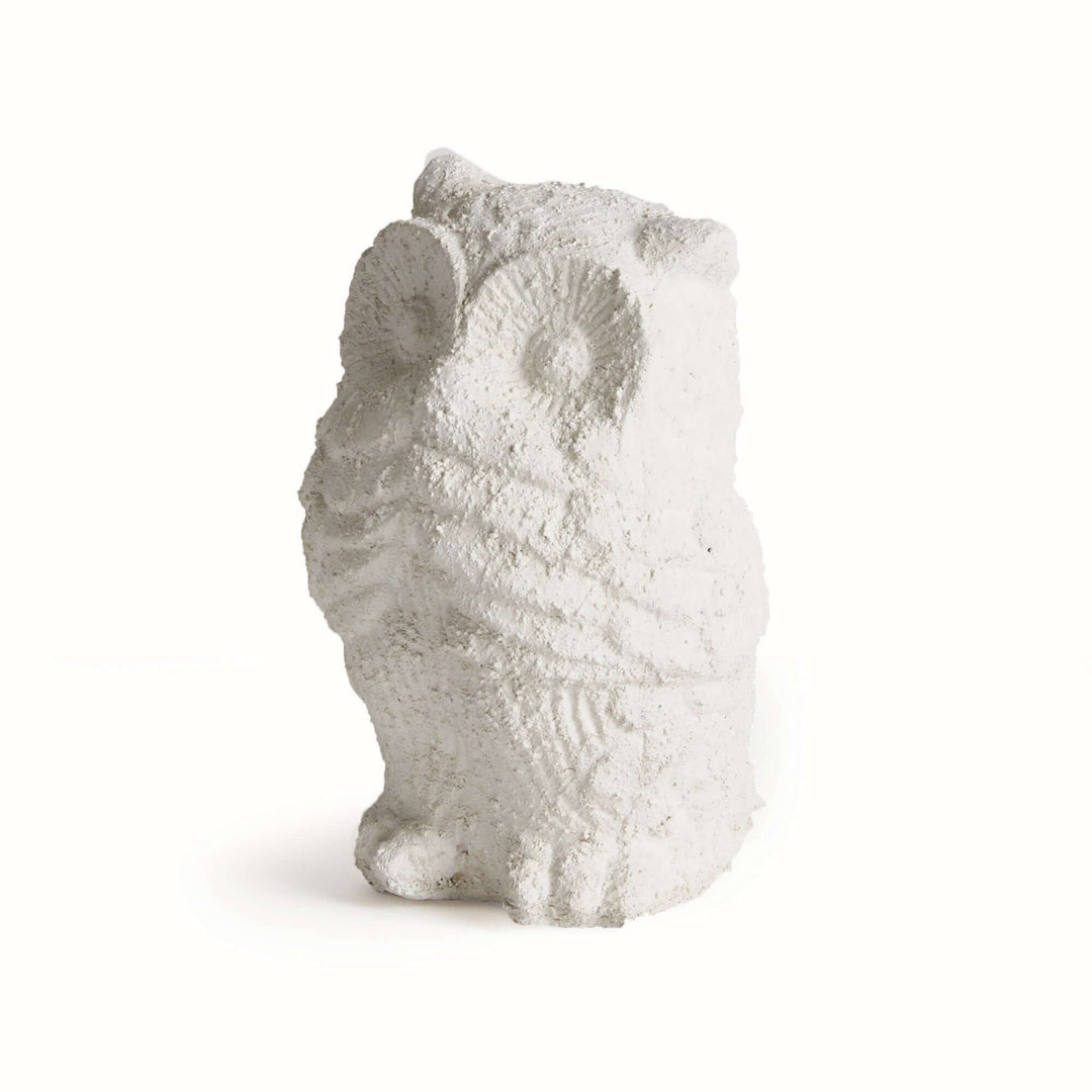 Handcrafted weathered terracotta owl garden statue in soft whitewash, perfect for outdoor decor.