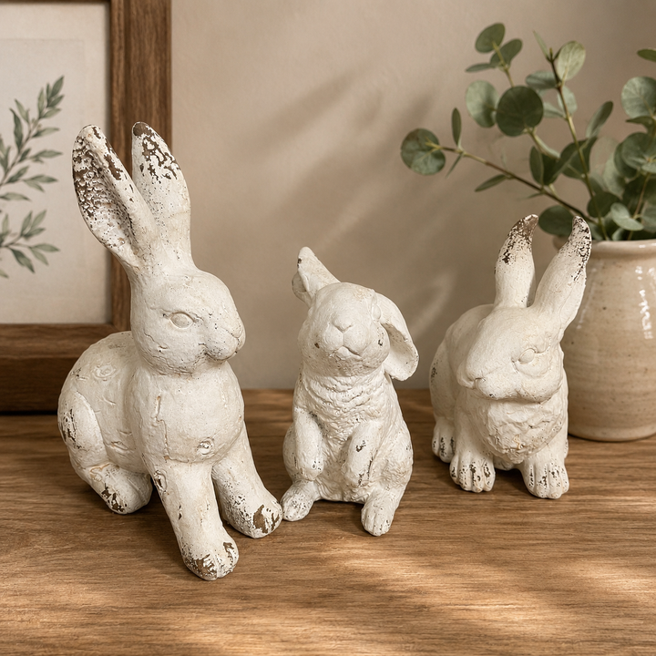 Weathered White Bunny Figurines displayed together on a wood console