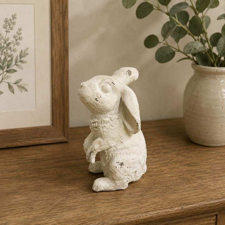 Standing Weathered White Bunny Figurine with softly aged finish