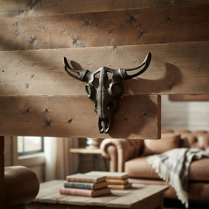 Decorative bull skull mounted on a wooden wall with a cozy living room setting.
