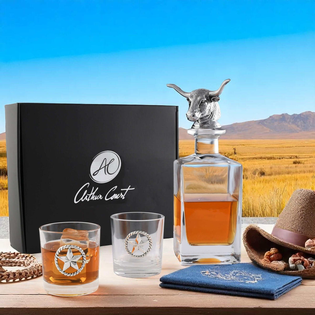 Western Longhorn Whiskey Decanter Set with Glasses featuring a bull head design and two glasses, ideal for whiskey enthusiasts.