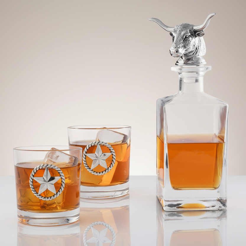 Western Longhorn Whiskey Decanter Set with Glasses featuring bull head design and star details