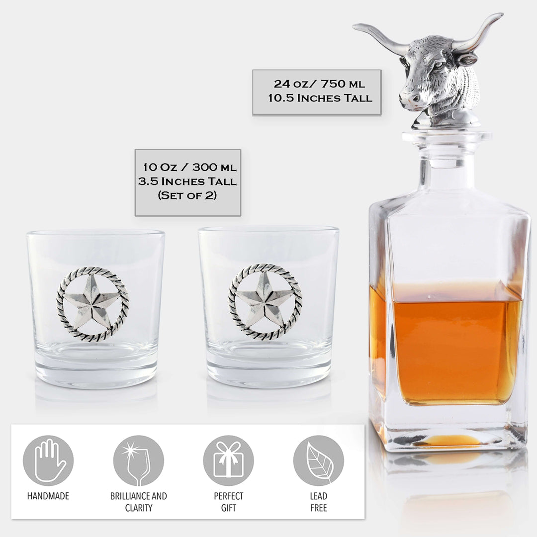 Western Longhorn Whiskey Decanter Set with Glasses featuring longhorn-topped decanter and two etched glasses on white background