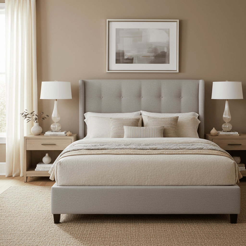 Neatly made bed with beige bedding in a bedroom setting.