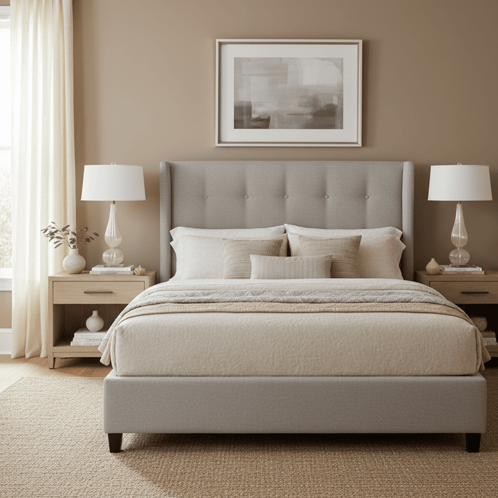 Neatly made bed with beige bedding in a bedroom setting.