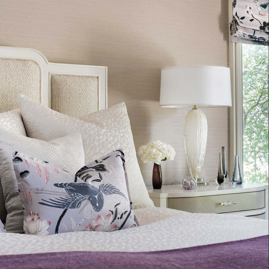 Elegant bedroom setting with Handcrafted Murano Champagne Glass Table Lamp on a bedside table