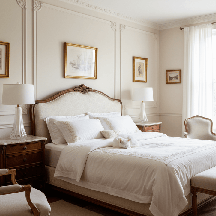 Neatly made bed in a bedroom with decorative elements and framed artwork on the wall. A sleeping cat is on the bed.