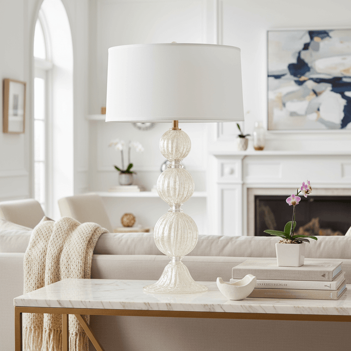 Decorative lamp on a marble table in a living room setting