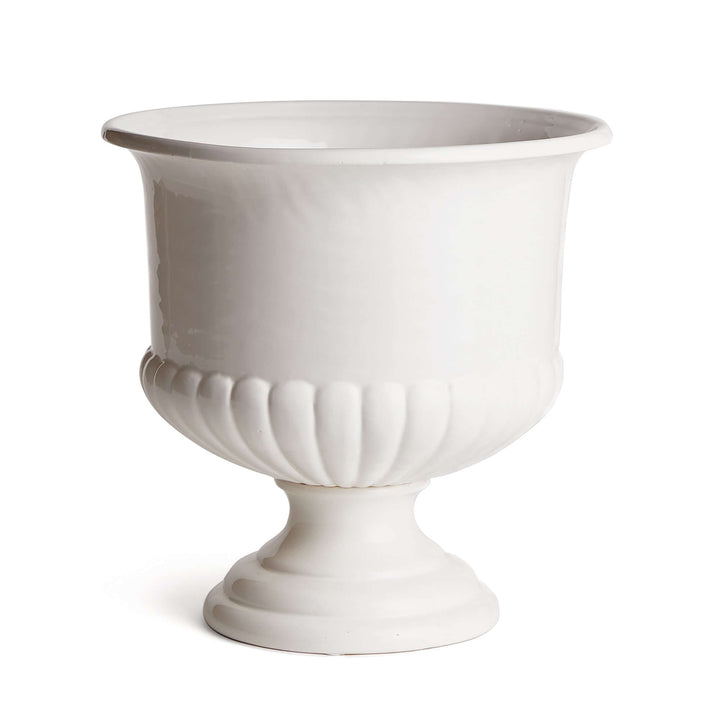 White ceramic urn planter with flared rim and pedestal base for Tuscan-inspired home decor.