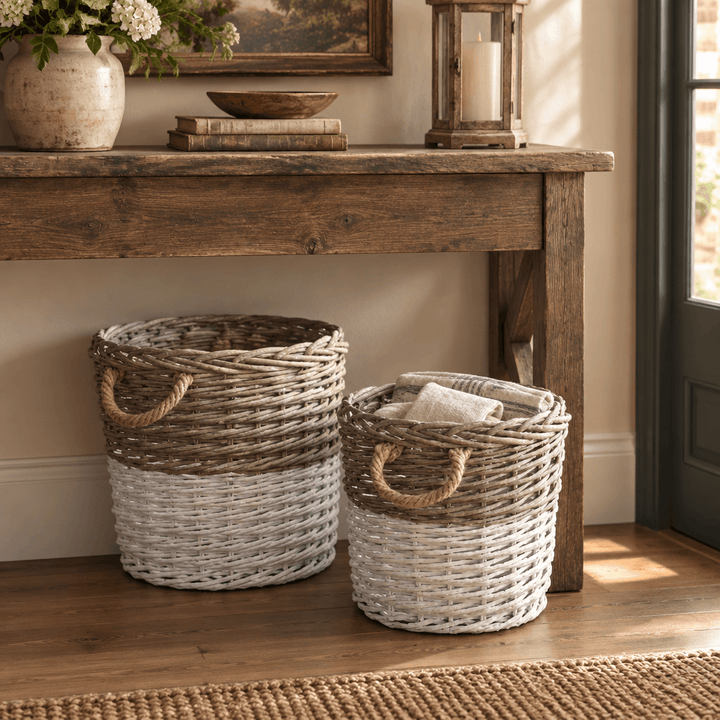 White-Dipped Willow Baskets beneath a rustic entryway console