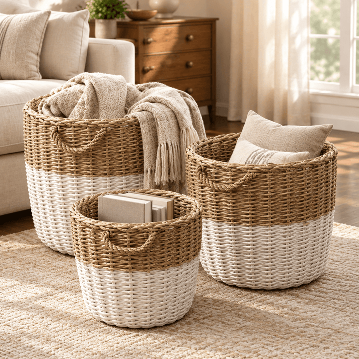 Three white-dipped willow baskets storing a throw, cushions, and books beside a cream sofa.