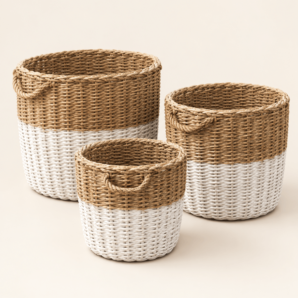Three round willow baskets with white-dipped bases and rope handles on an ivory studio backdrop.