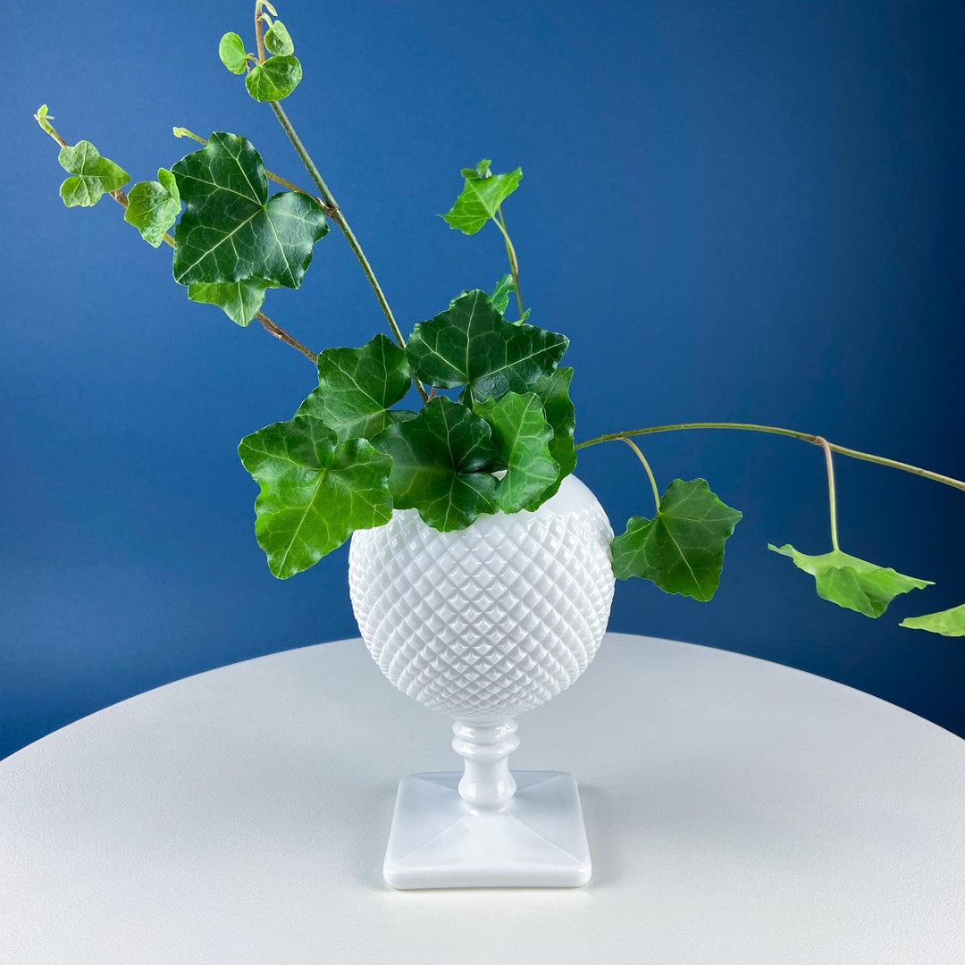 White glass vase with a geometric design holding green ivy leaves against a blue background.