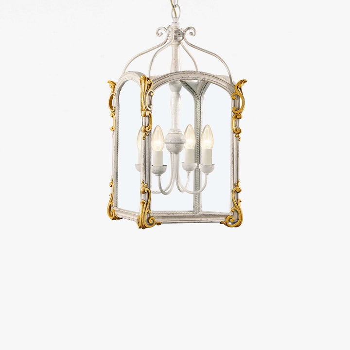 Decorative pendant light with gold accents on a white background