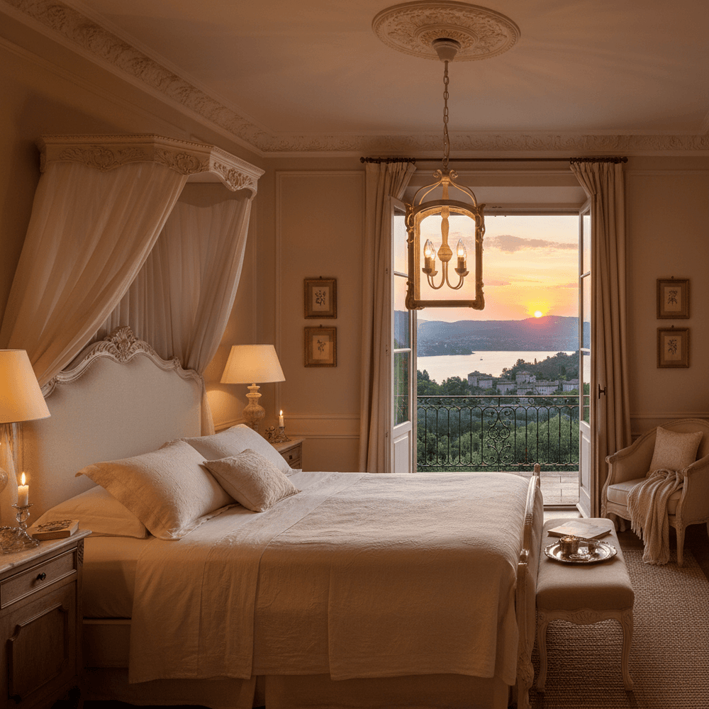 Luxurious bedroom with canopy bed and sunset view