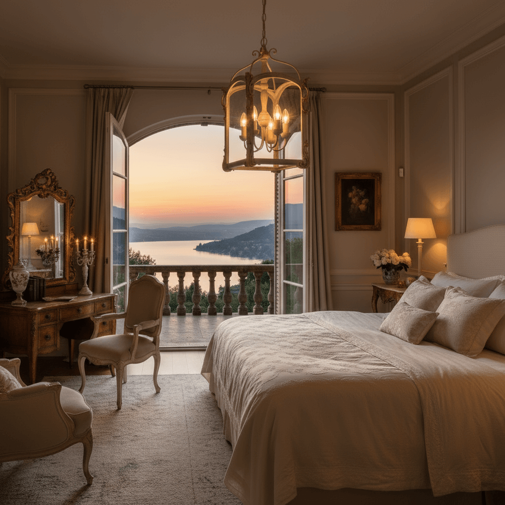 Luxurious bedroom with a view of a sunset over water. A beautiful chandelier hangs over the bed.