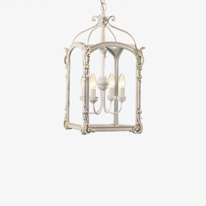 Decorative pendant light with a white finish on a white background