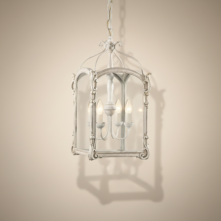 Decorative chandelier light with glass panels on a beige background