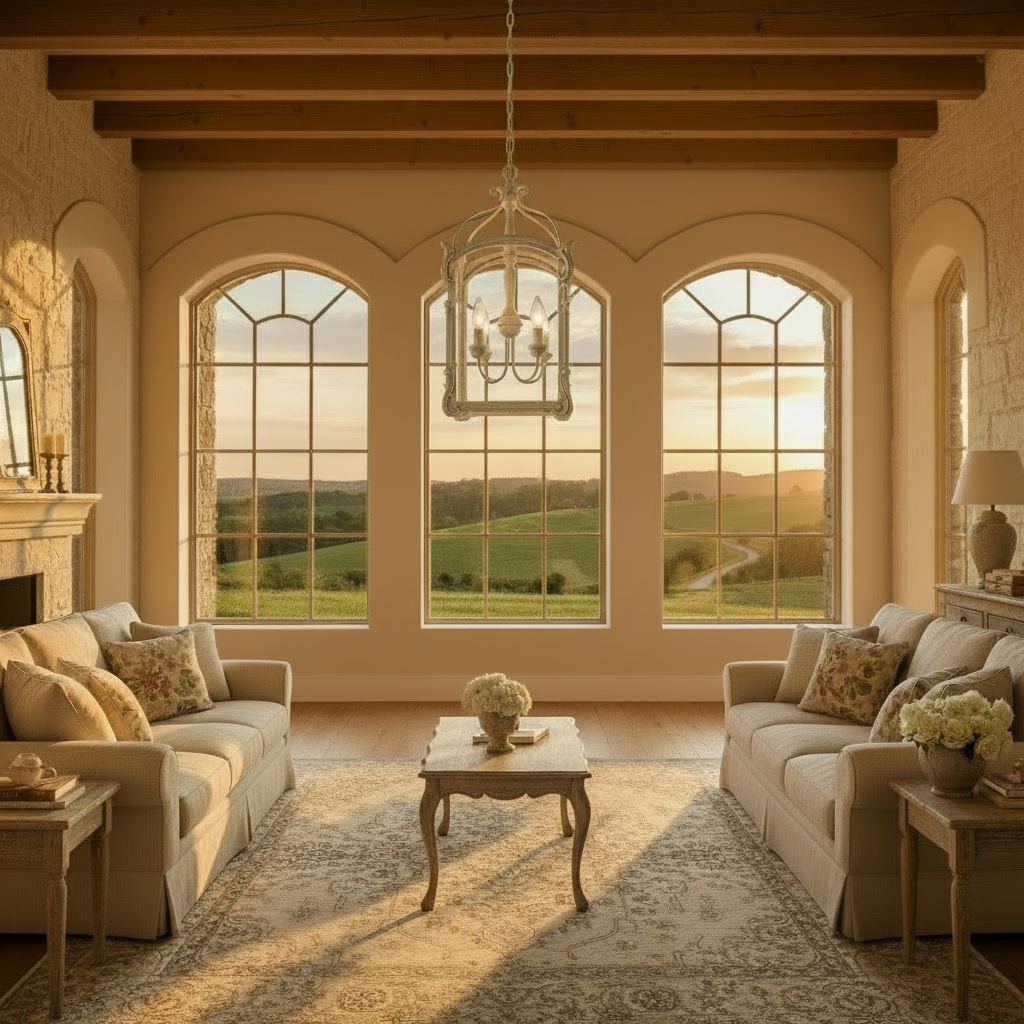 Luxurious living room with large windows overlooking a scenic landscape.