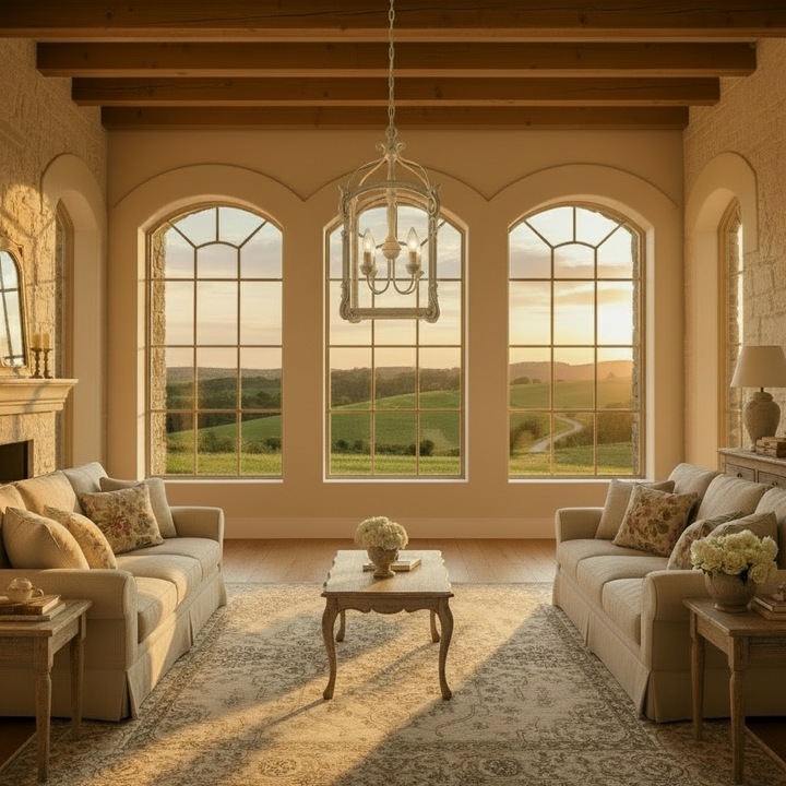 Luxurious living room with large windows overlooking a scenic landscape.
