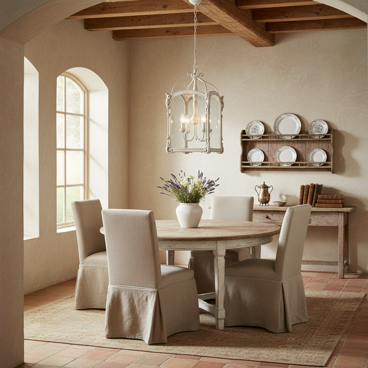 Dining room with wooden table, chairs, and decorative elements.