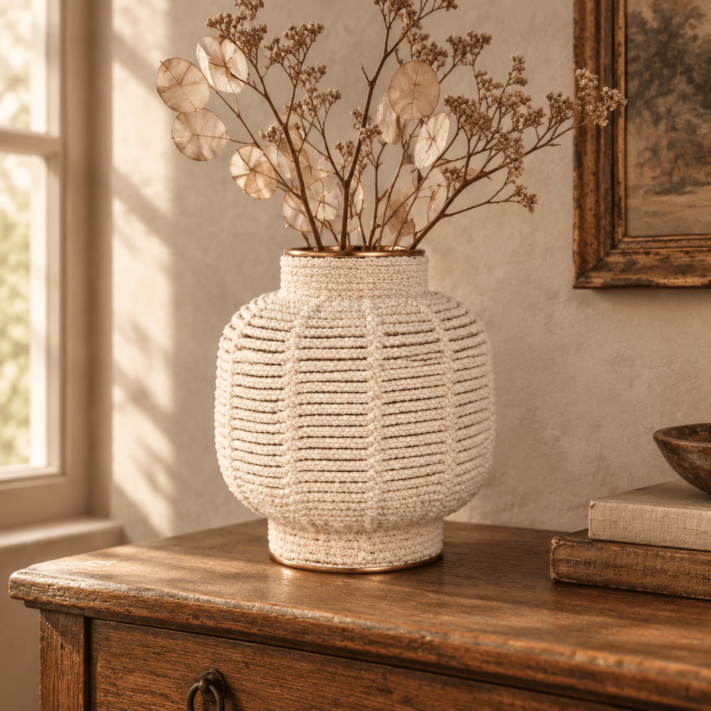 White macrame brass-finish vase styled with dried branches on an oak console