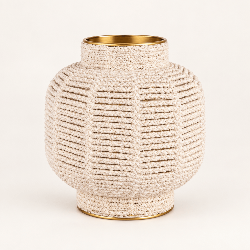 White macrame brass-finish vase on a warm white studio background