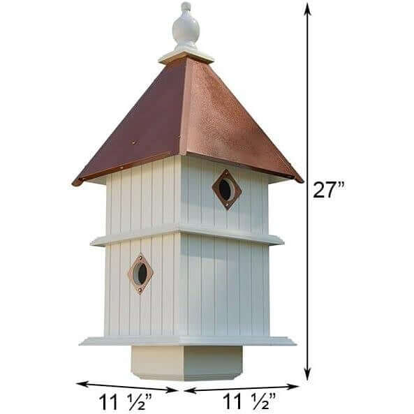 White Two Story Birdhouse with Copper Roof, classic American architecture style, 27 inches high, garden decor.