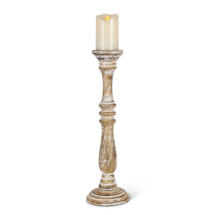 Whitewashed mango wood candle holder with distressed finish and traditional design, perfect for rustic or coastal decor.